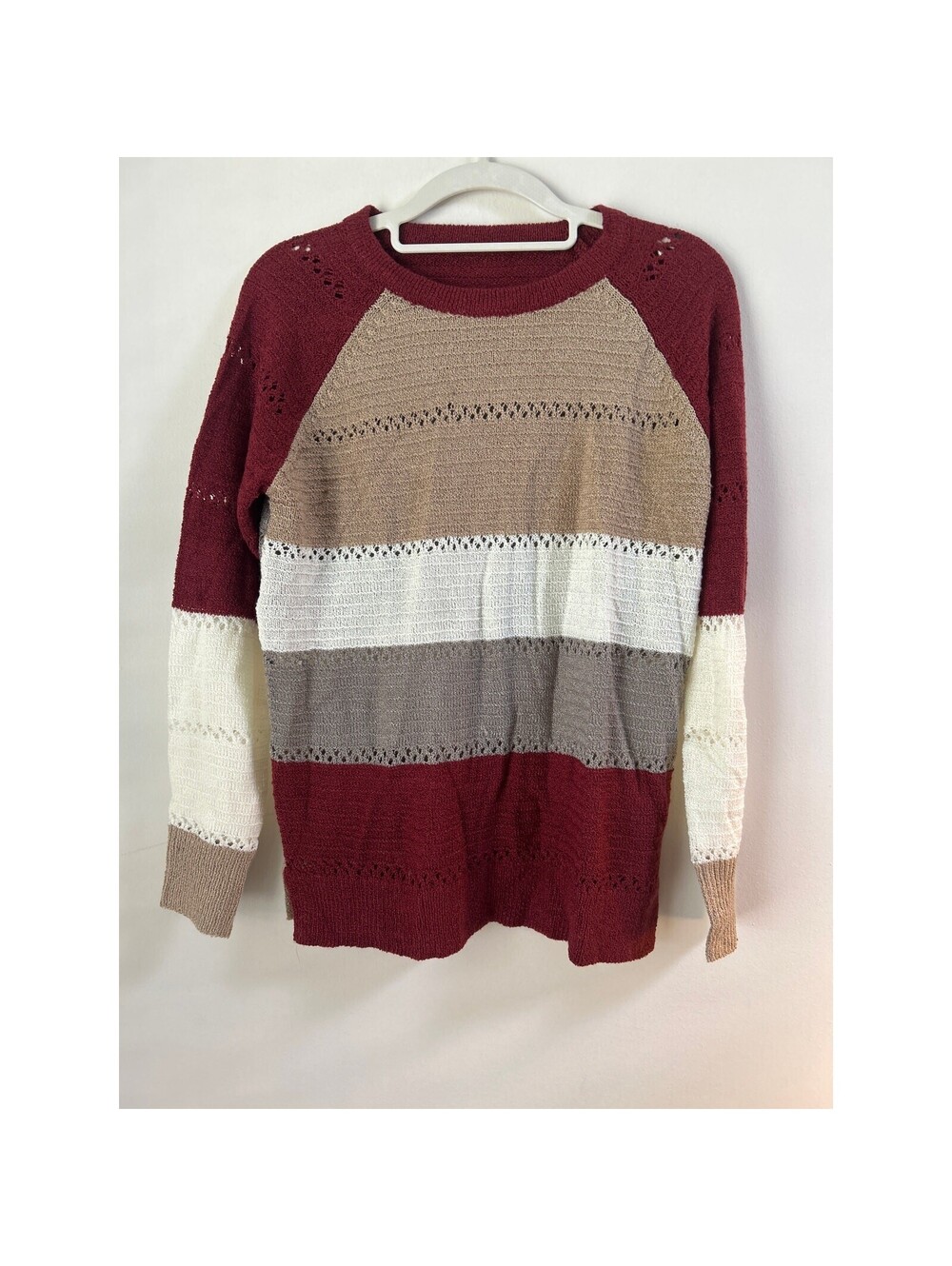 Womens S Colorblock Knit Sweater Burgundy Tan Cream Gray Open Knit Pullover